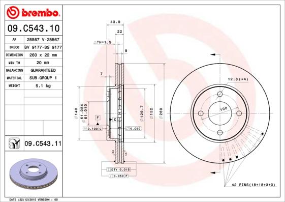 Brembo 09.C543.10 - Bremžu diski autodraugiem.lv
