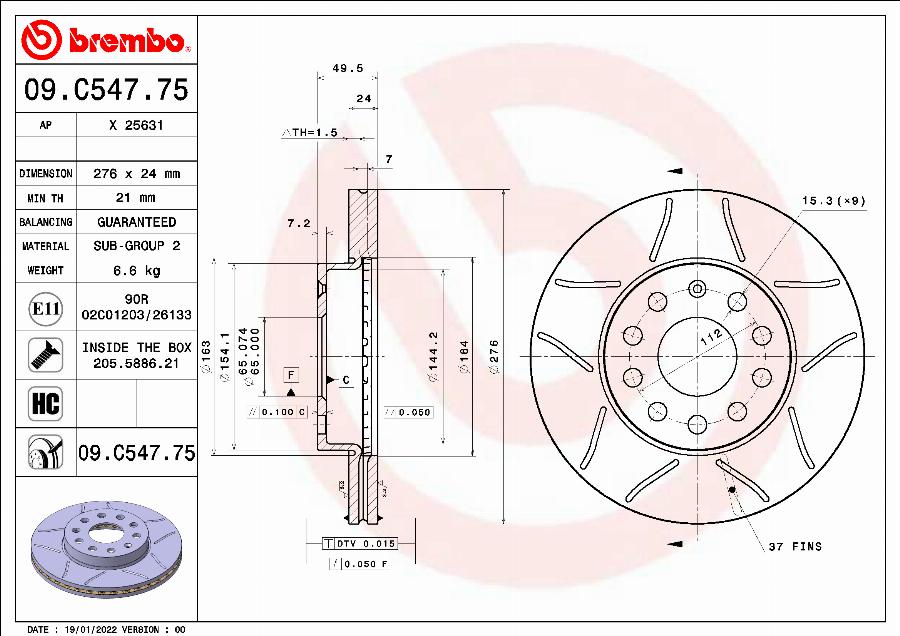 Brembo 09.C547.75 - Bremžu diski autodraugiem.lv