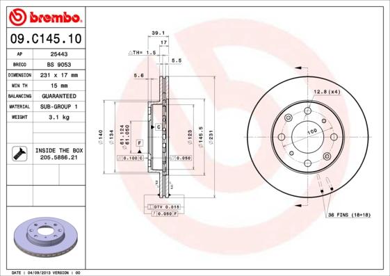 Brembo 09.C145.10 - Bremžu diski autodraugiem.lv