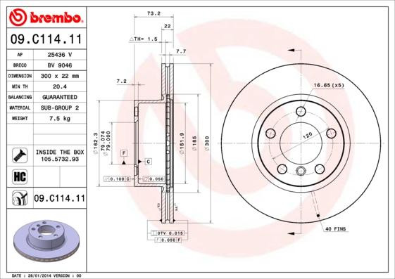 Brembo 09.C114.11 - Bremžu diski autodraugiem.lv