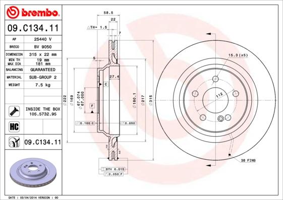 Brembo 09.C134.11 - Bremžu diski autodraugiem.lv
