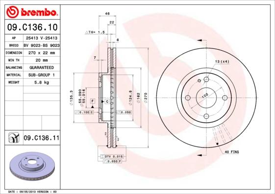 Brembo 09.C136.11 - Bremžu diski autodraugiem.lv