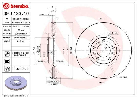 Brembo 09.C133.11 - Bremžu diski autodraugiem.lv