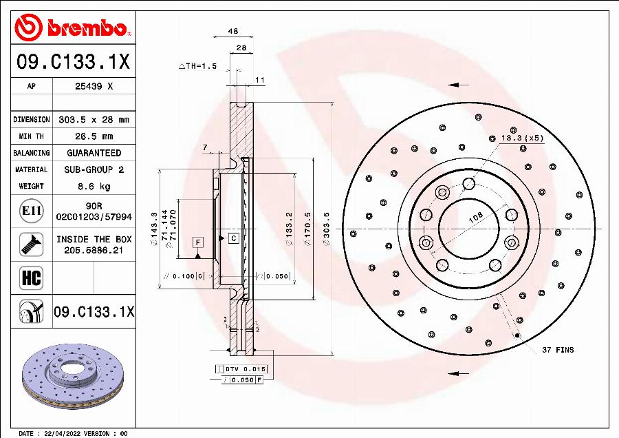 Brembo 09.C133.1X - Bremžu diski autodraugiem.lv