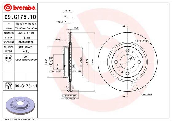 Brembo 09.C175.11 - Bremžu diski autodraugiem.lv