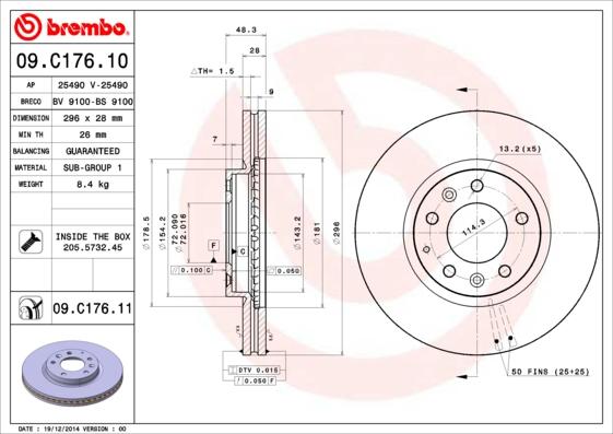 Brembo 09.C176.11 - Bremžu diski autodraugiem.lv