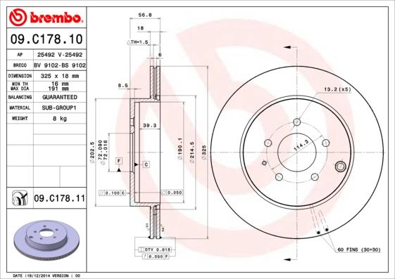 Brembo 09.C178.11 - Bremžu diski autodraugiem.lv