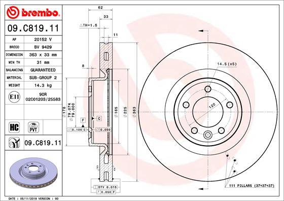 Brembo 09.C819.11 - Bremžu diski autodraugiem.lv