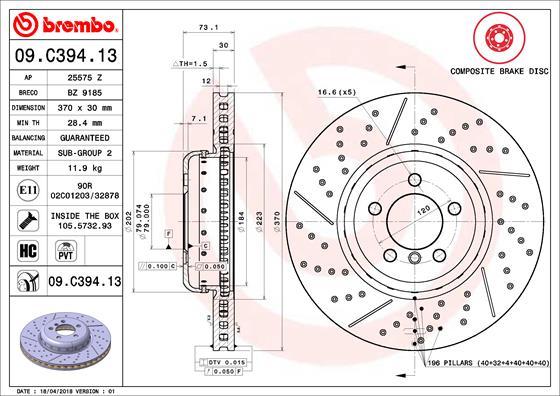 Brembo 09.C394.13 - Bremžu diski autodraugiem.lv