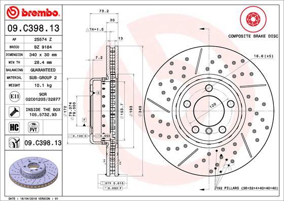 Brembo 09.C398.13 - Bremžu diski autodraugiem.lv