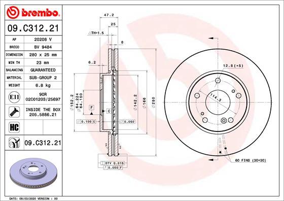Brembo 09.C312.21 - Bremžu diski autodraugiem.lv
