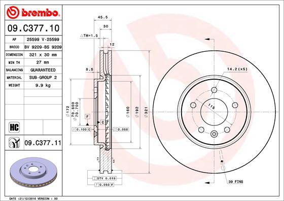 Brembo 09.C377.11 - Bremžu diski autodraugiem.lv