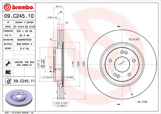 Brembo 09.C245.11 - Bremžu diski autodraugiem.lv