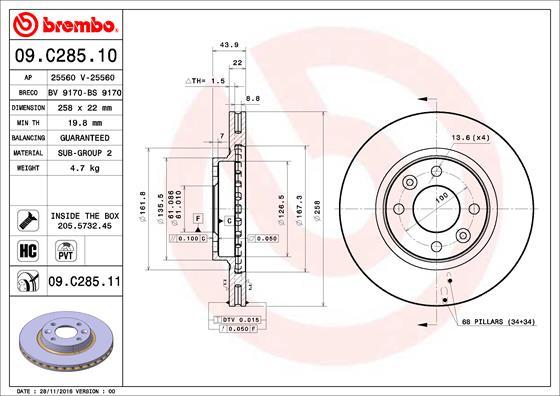 Brembo 09.C285.11 - Bremžu diski autodraugiem.lv