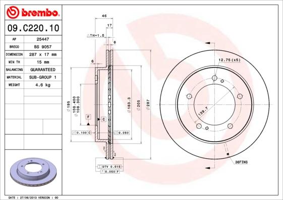 Brembo 09.C220.10 - Bremžu diski autodraugiem.lv