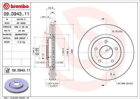 Brembo 09.D943.11 - Bremžu diski autodraugiem.lv