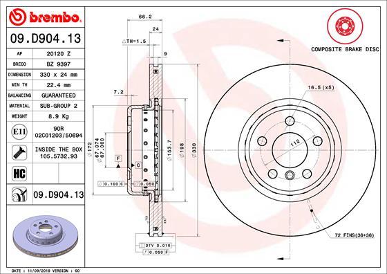 Brembo 09.D904.13 - Bremžu diski autodraugiem.lv