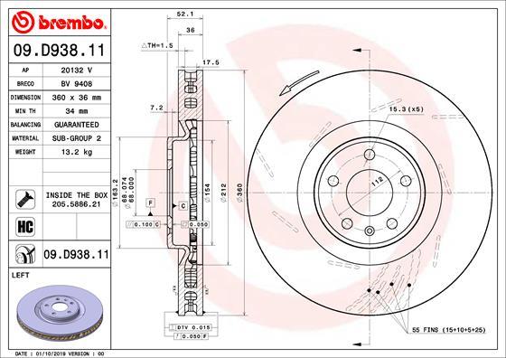 Brembo 09.D938.11 - Bremžu diski autodraugiem.lv