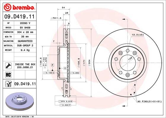 Brembo 09.D419.11 - Bremžu diski autodraugiem.lv