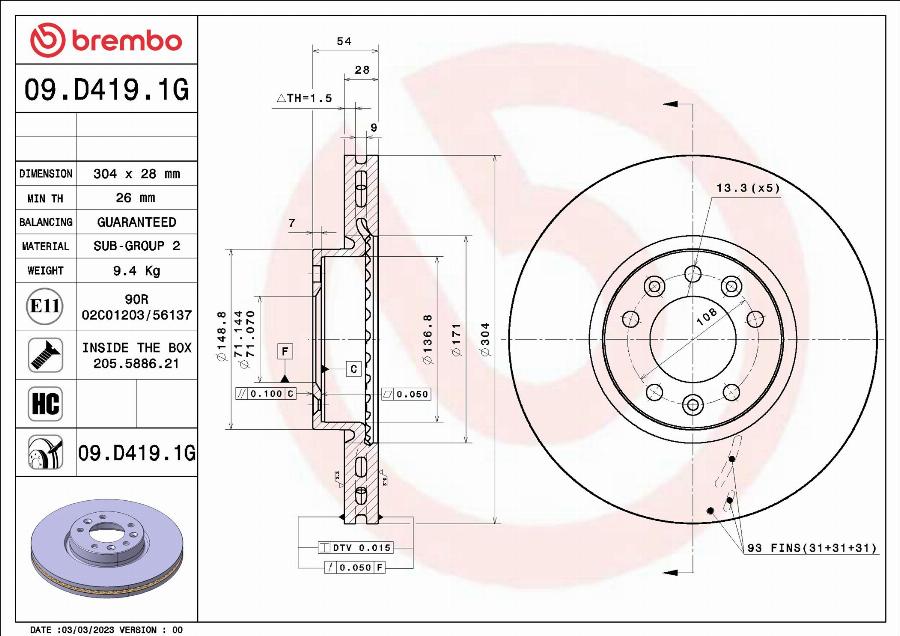 Brembo 09.D419.1G - Bremžu diski autodraugiem.lv