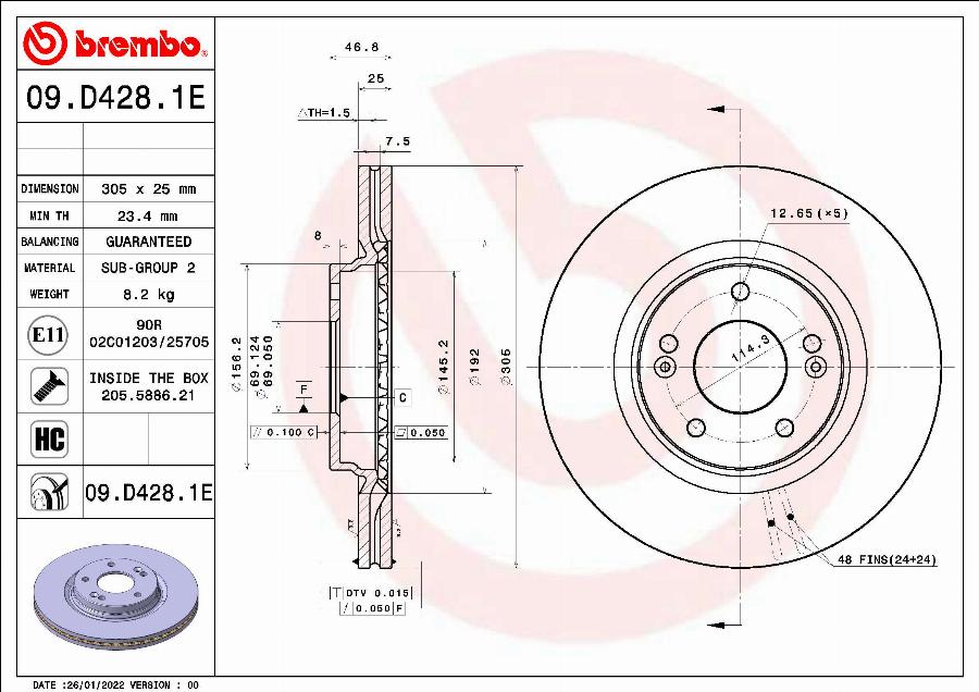 Brembo 09.D428.1E - Bremžu diski autodraugiem.lv