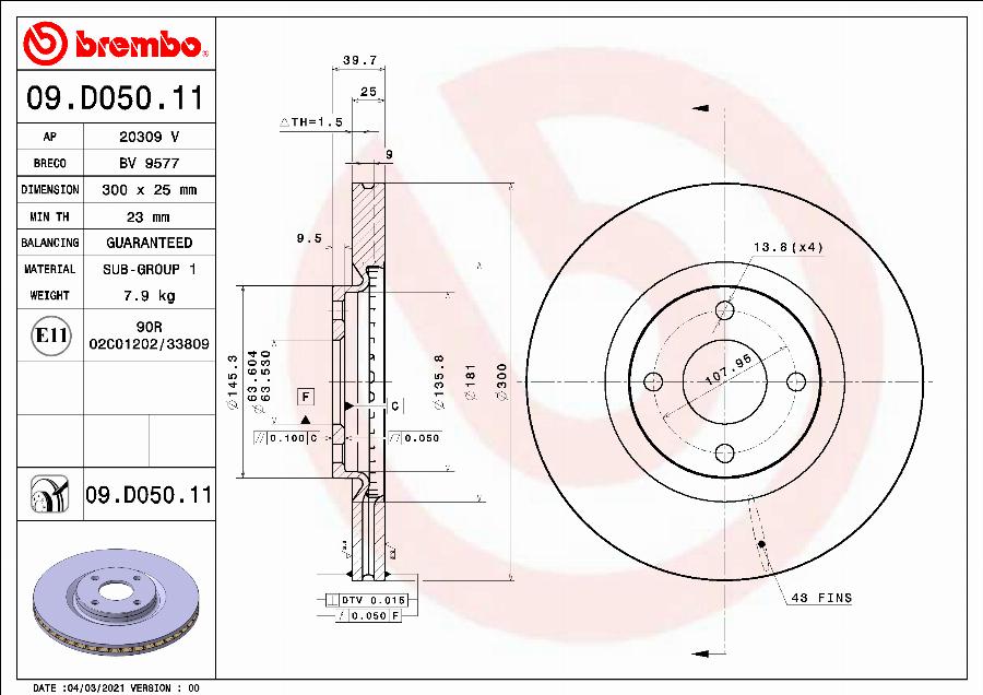 Brembo 09.D050.11 - Bremžu diski autodraugiem.lv