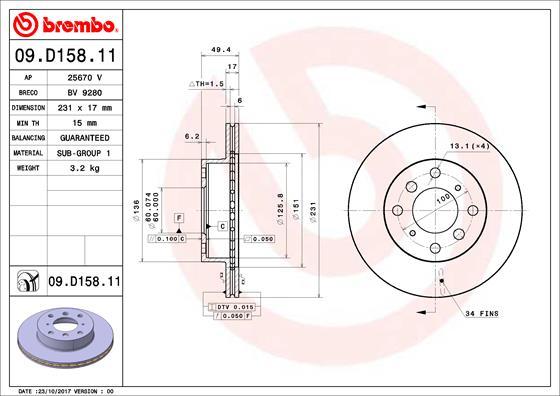 Brembo 09.D158.11 - Bremžu diski autodraugiem.lv