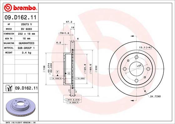 Brembo 09.D162.11 - Bremžu diski autodraugiem.lv