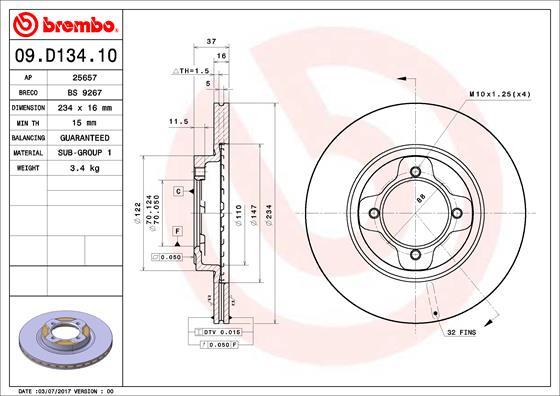 Brembo 09.D134.10 - Bremžu diski autodraugiem.lv