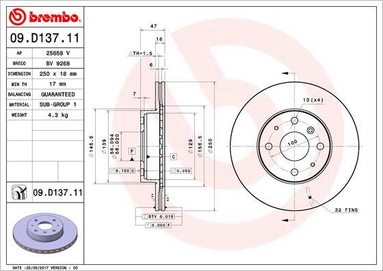 Brembo 09.D137.11 - Bremžu diski autodraugiem.lv