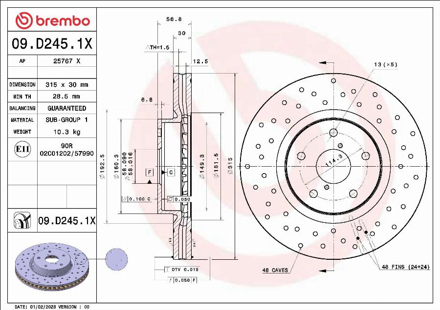 Brembo 09.D245.1X - Bremžu diski autodraugiem.lv