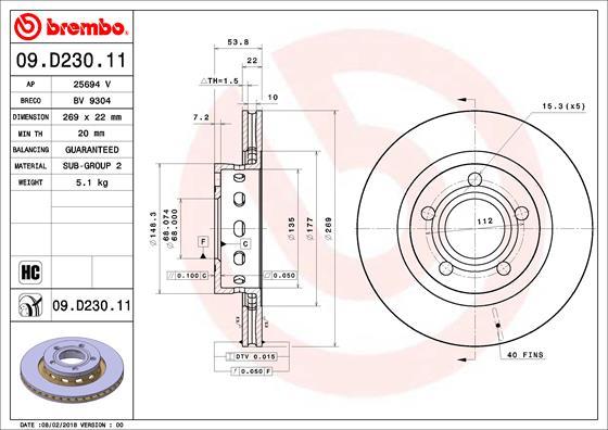 Brembo 09.D230.11 - Bremžu diski autodraugiem.lv