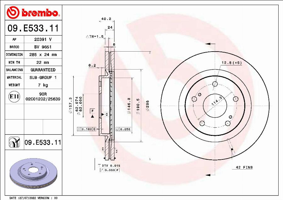 Brembo 09.E533.11 - Bremžu diski autodraugiem.lv