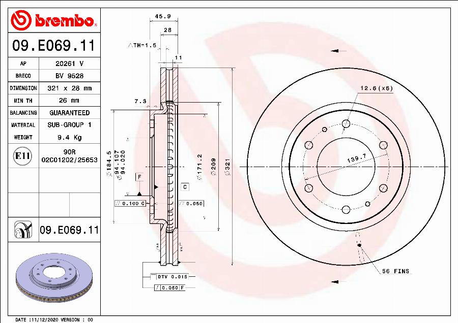 Brembo 09.E069.11 - Bremžu diski autodraugiem.lv