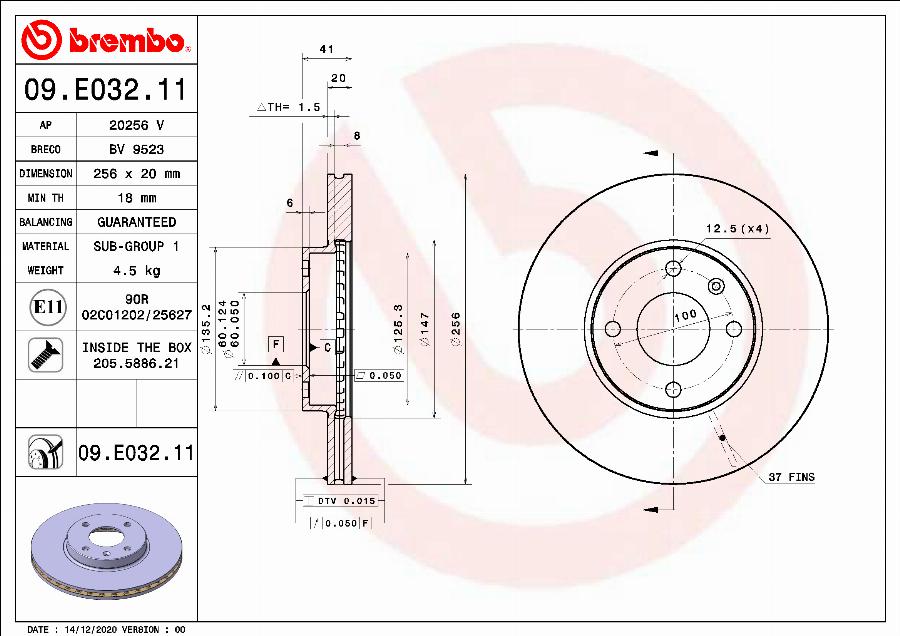 Brembo 09.E032.11 - Bremžu diski autodraugiem.lv