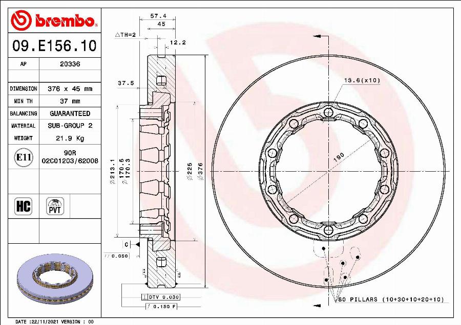 Brembo 09.E156.10 - Bremžu diski autodraugiem.lv