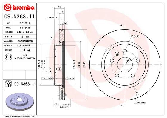 Brembo 09.N363.11 - Bremžu diski autodraugiem.lv