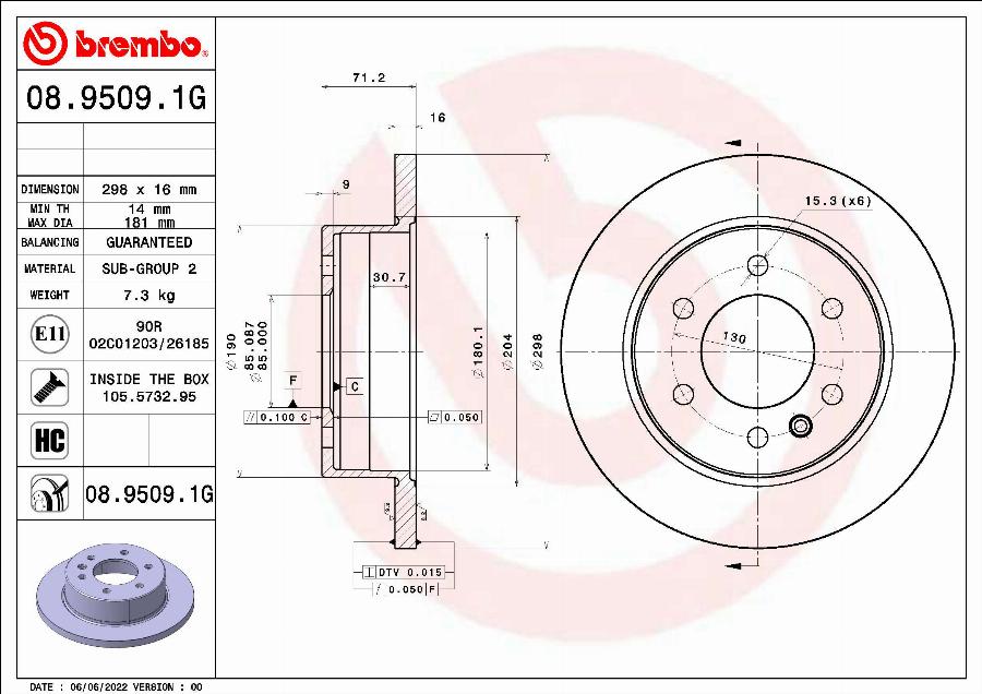 Brembo 08.9509.1G - Bremžu diski autodraugiem.lv