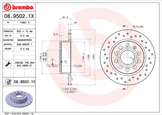 Brembo 08.9502.1X - Bremžu diski autodraugiem.lv