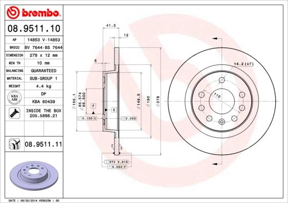 Brembo 08.9511.10 - Bremžu diski autodraugiem.lv