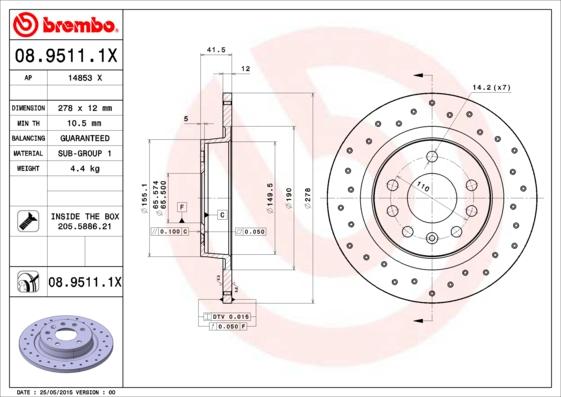 Brembo 08.9511.1X - Bremžu diski autodraugiem.lv