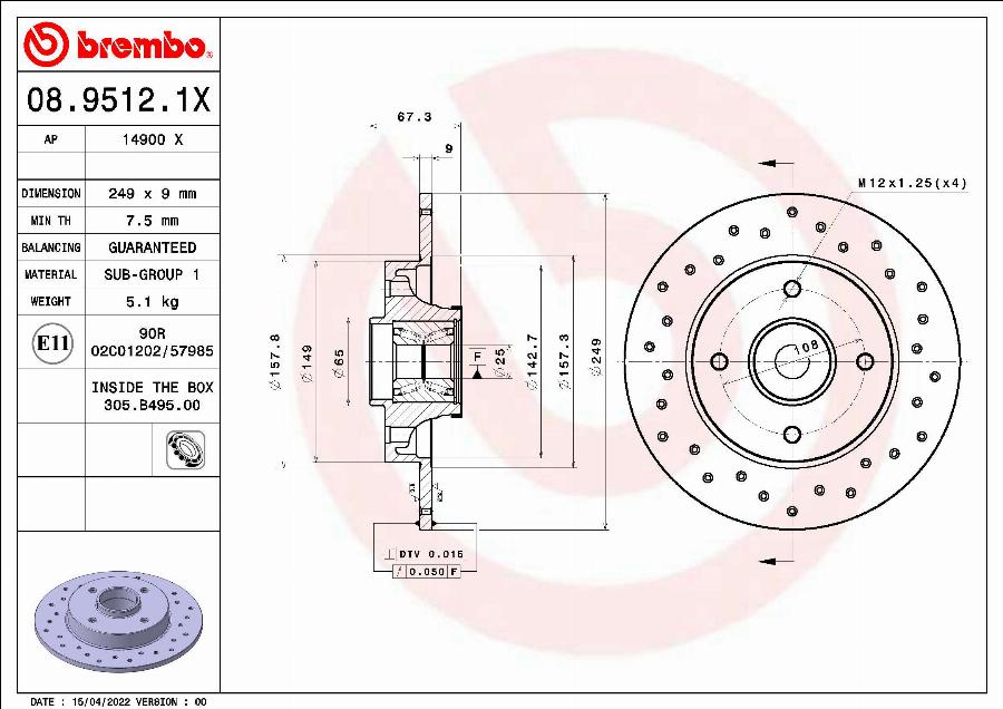 Brembo 08.9512.1X - Bremžu diski autodraugiem.lv