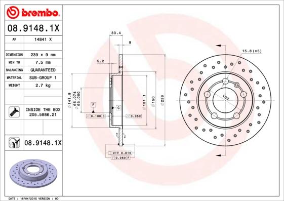 Brembo 08.9148.1X - Bremžu diski autodraugiem.lv