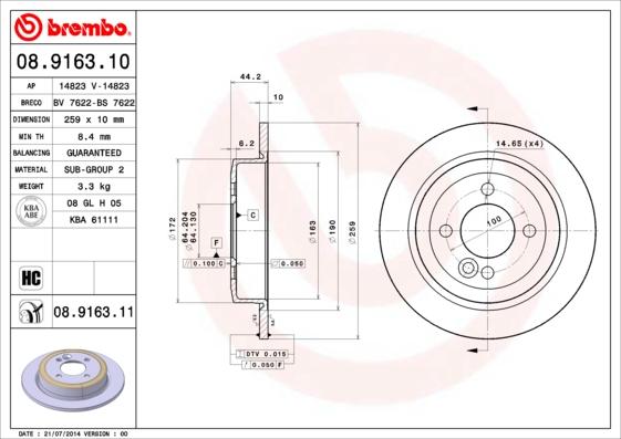 Brembo 08.9163.10 - Bremžu diski autodraugiem.lv