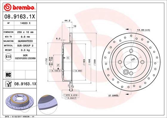 Brembo 08.9163.1X - Bremžu diski autodraugiem.lv