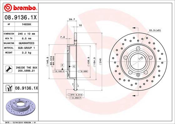 Brembo 08.9136.1X - Bremžu diski autodraugiem.lv