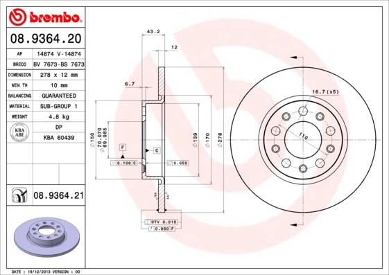 Brembo 08.9364.20 - Bremžu diski autodraugiem.lv