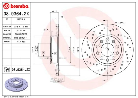 Brembo 08.9364.2X - Bremžu diski autodraugiem.lv