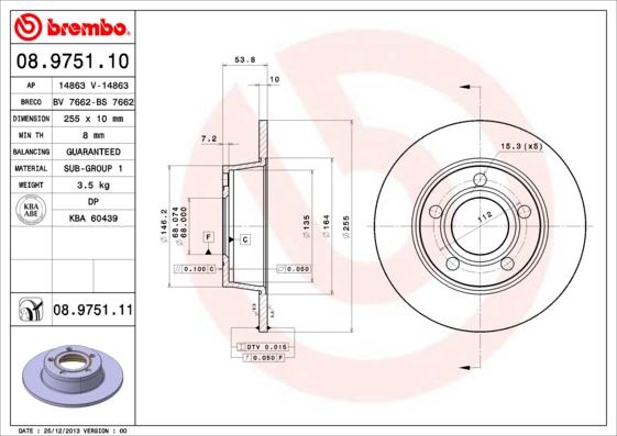 Brembo 08.9751.11 - Bremžu diski autodraugiem.lv