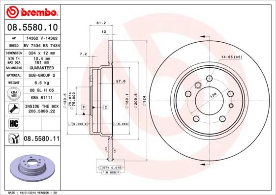 Brembo 08.5580.10 - Bremžu diski autodraugiem.lv